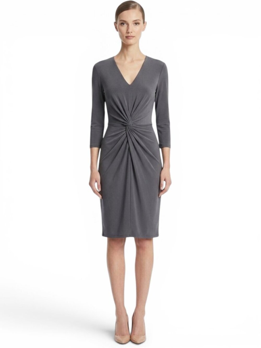 Ralph Lauren Dark Gray Stretch Jersey Twist Knot Draped V Neck Dress 12